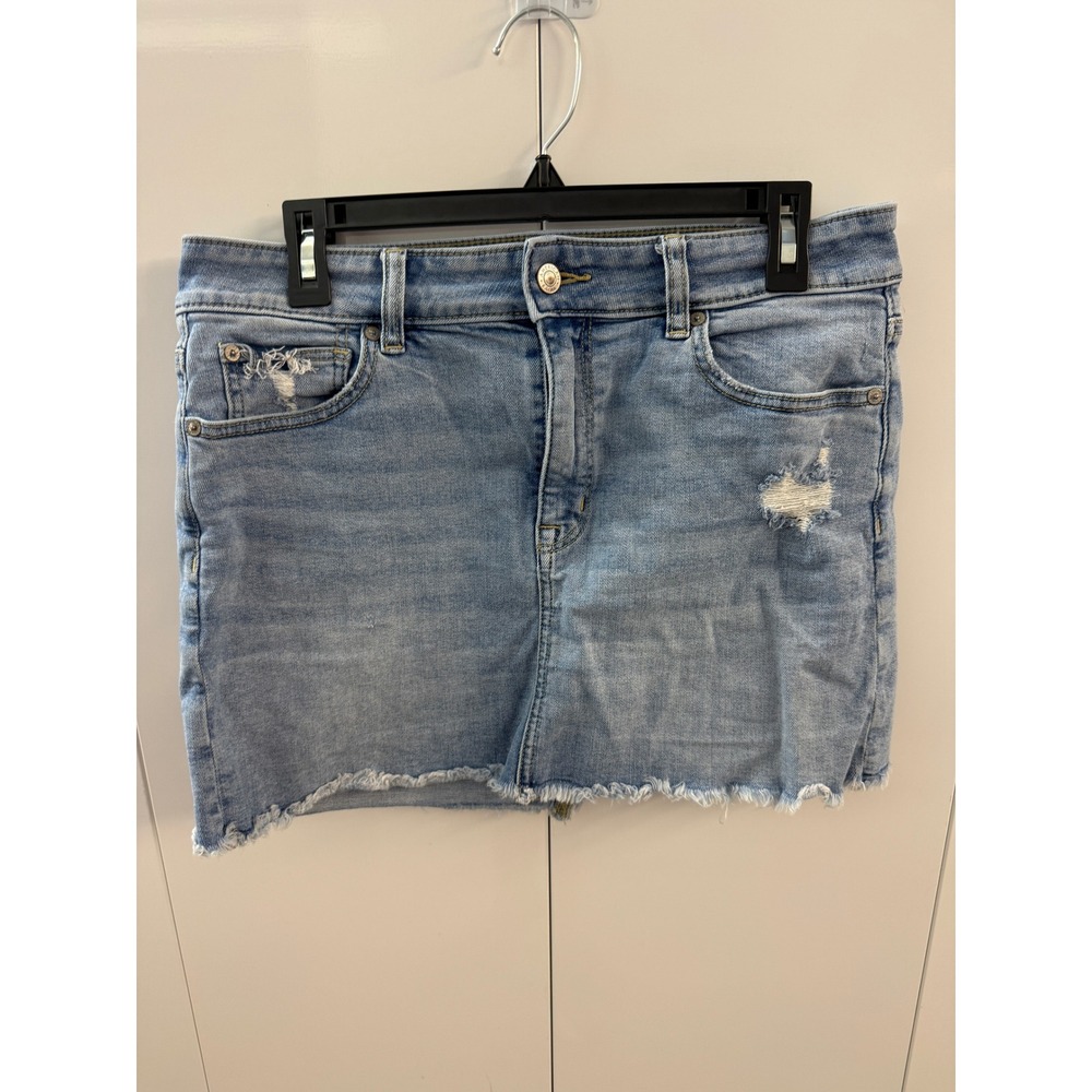 American Eagle Hi-Rise Mini Denim Skirt Light Wash Distressed Frayed Hem Sz 10